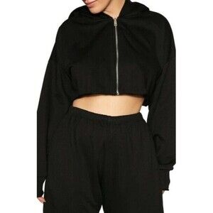 Naked Wardrobe Hoodie Womens 1X Black Cropped‎ Zip Up Solid NWT